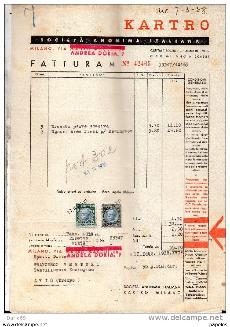 1938    FATTURA  MILANO -  KARTRO - Italia