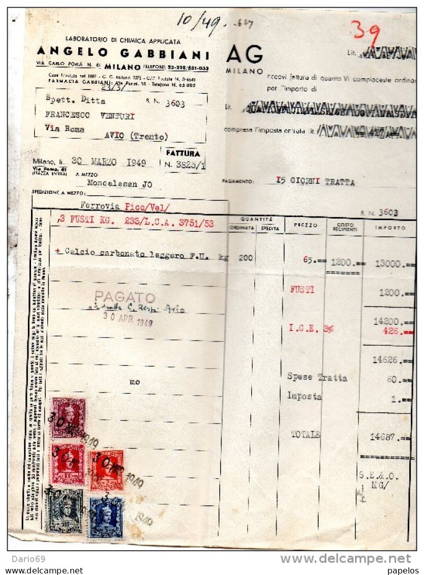 1949  FATTURA  MILANO -  LABORATORIO DI CHIMICA APPLICATA - Italia