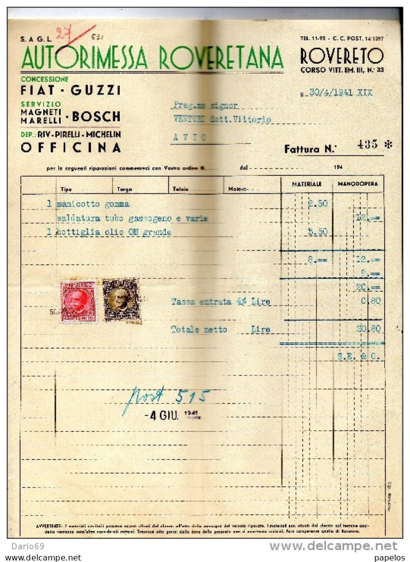 1941   FATTURA  ROVERETO -   AUTORIMESSA - Italia