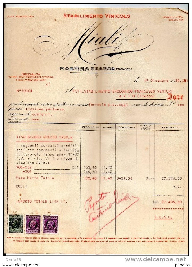 1939    FATTURA   MARTINA FRANCA TARANTO  -  STABILIMENTO VINICOLO - Italia