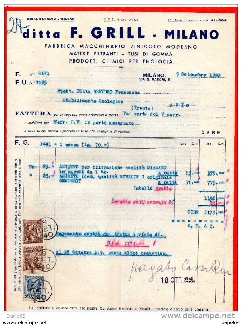 1940 FATTURA  MILANO   -  F. GRILL  FABBRICA MACCHINARIO  VINICOLO MODERNO - Italia