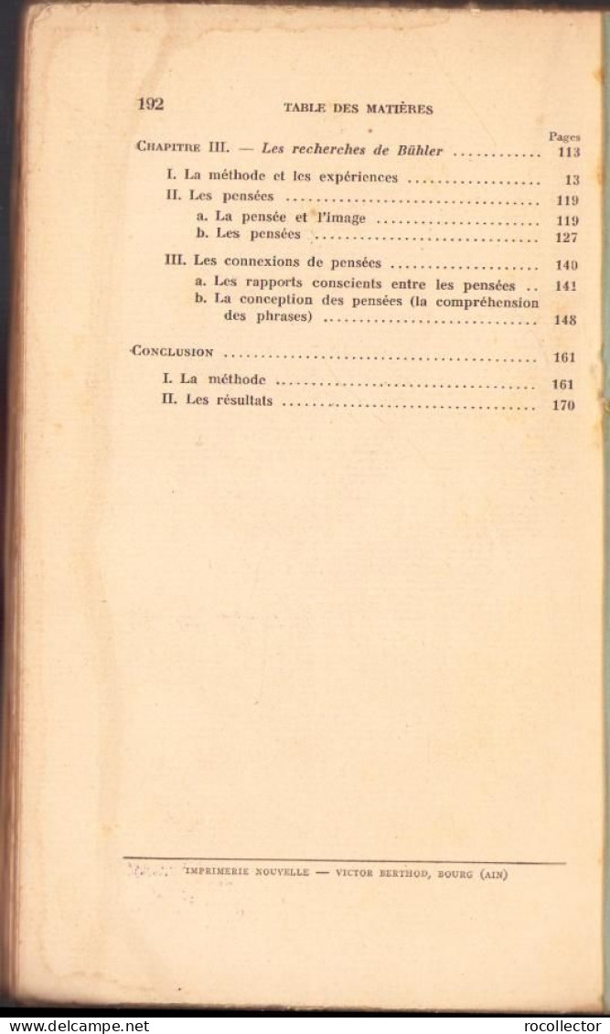 La pensée d’apres les recherches expérimentales de H.-J. Watt, de Messer et de Bühler par Albert Burloud, 1927, Paris