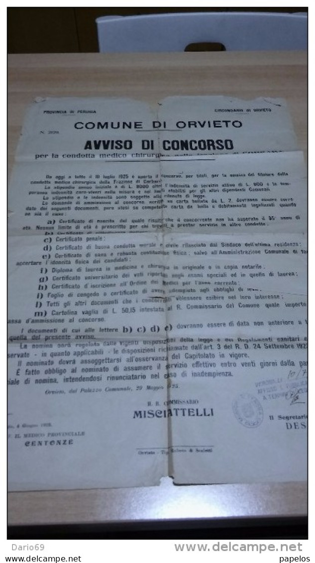 1925 MANIFESTO ORVIETO AVVISO DI CONCORSO PER MEDICO CHIRURGO - Afiches