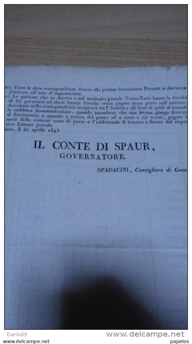 1843 MILANO - DIREZIONE GENERALE POSTALE  CONVENZIONE CON L'AUSTRIA - Afiches