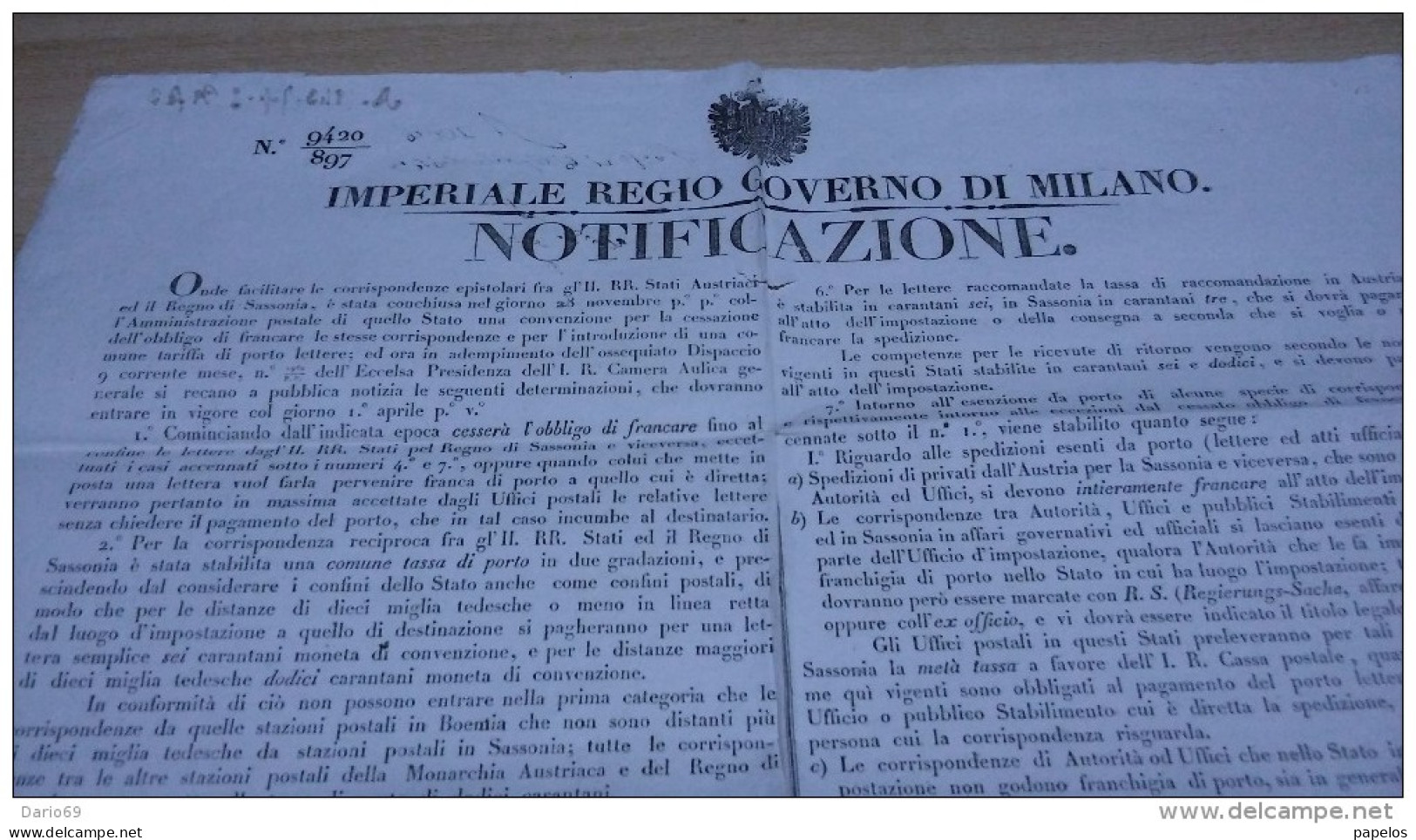 1843 MILANO - DIREZIONE GENERALE POSTALE  CONVENZIONE CON L'AUSTRIA