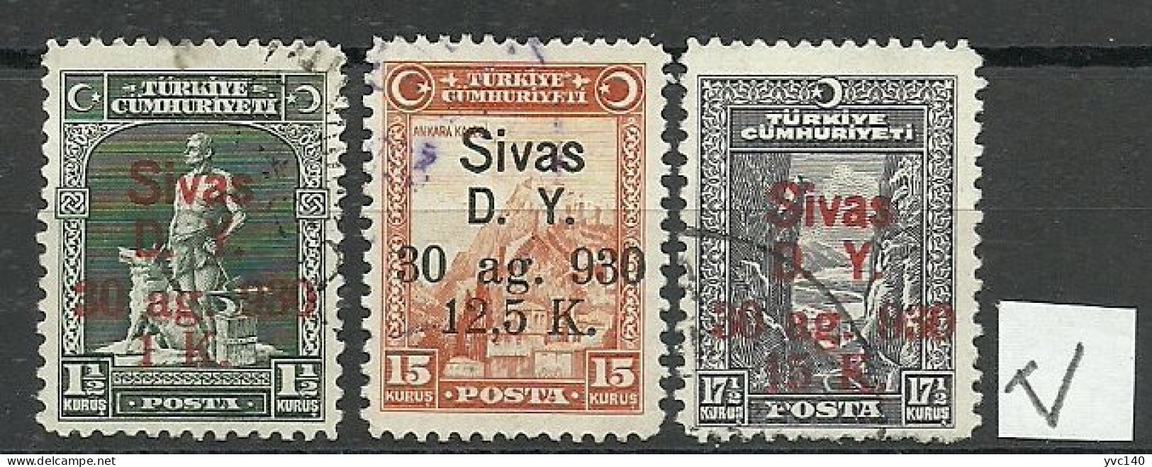 Turkey; 1930 Ankara-Sivas Railway Stamps ERROR "The Left Arm Of The Letter (V) Is Short" - Oblitérés