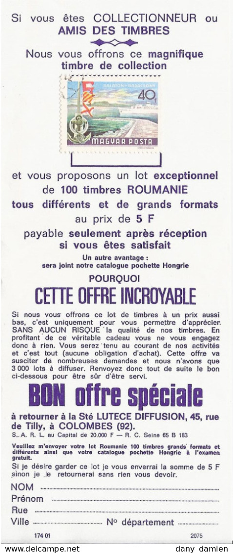 BON Offre Spéciale - SOCIÉTÉ LUTÈCE Diffusion - Timbre De Roumanie. "Si Vous êtes COLLECTIONNEUR Ou AMIS DES TIMBRES" - Ungebraucht