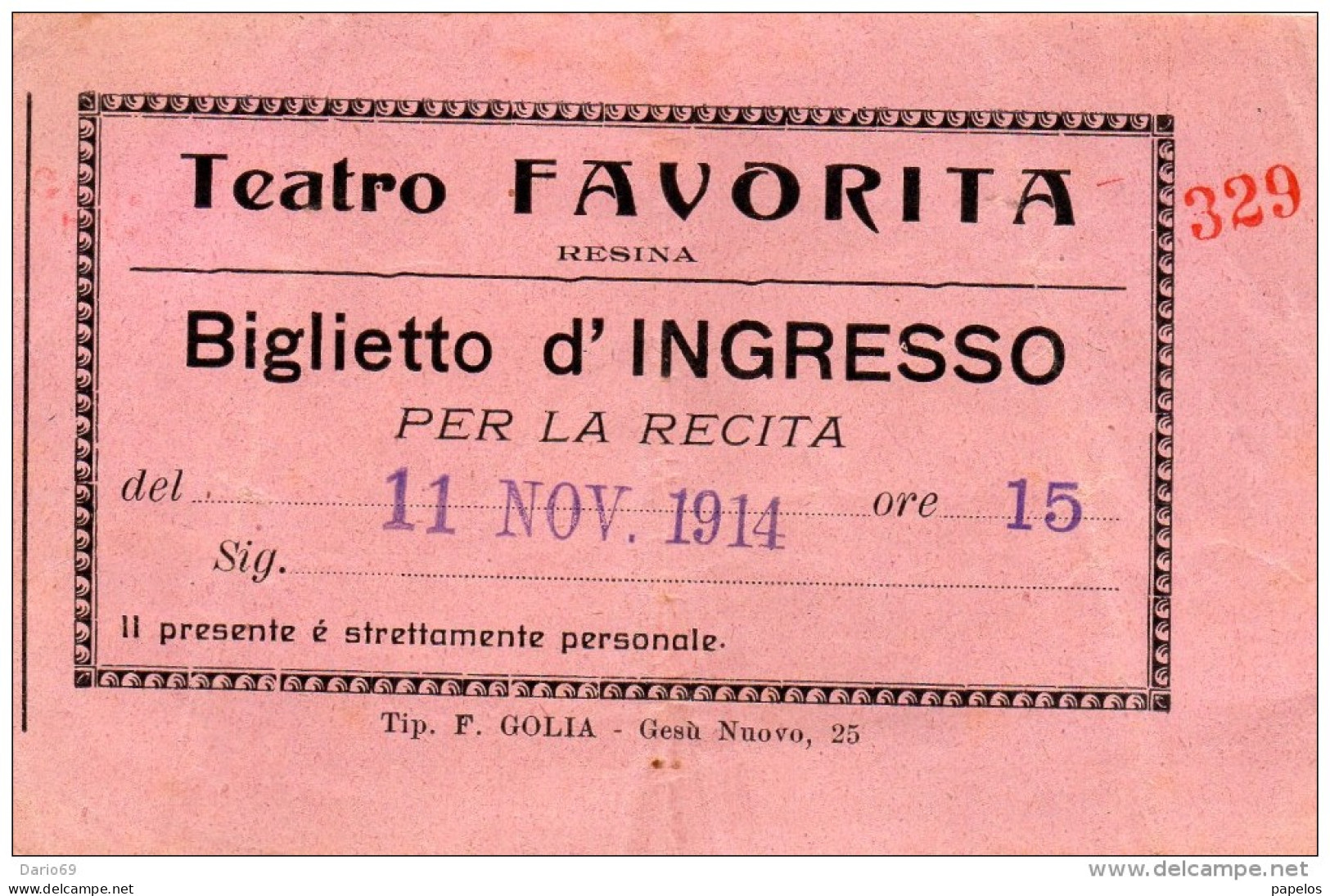 1914 TEATRO FAVORITA RESINA NAPOLI - BIGLIETTO D'INGRESSO - Tickets D'entrée