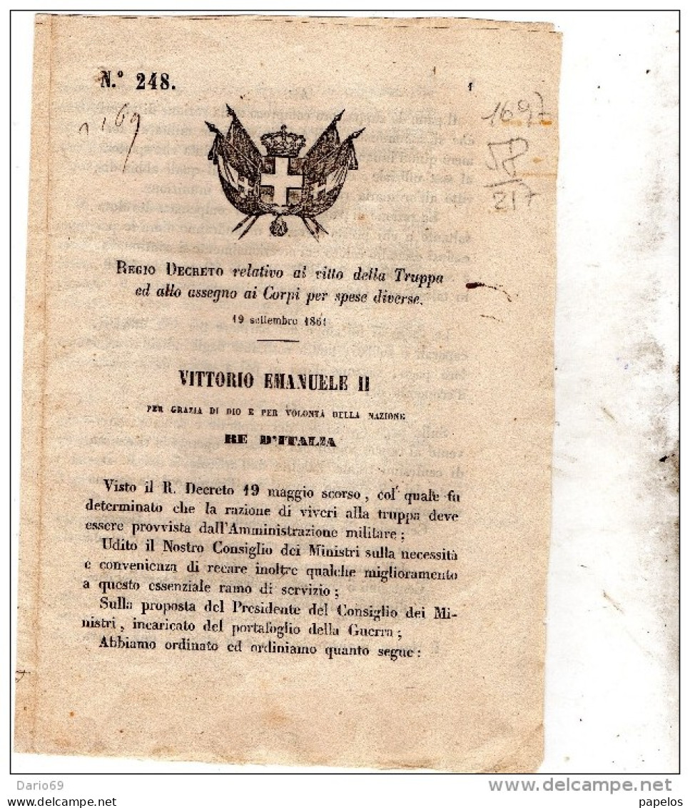 1861 DECRETO RELATIVO AL VITTO DELLA TRUPPA - Decreti & Leggi