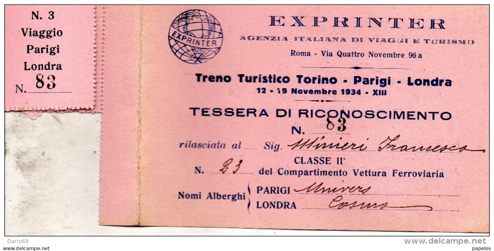 1934 TRENO TURISTICO TORINO - PARIGI - LONDRA - Europa