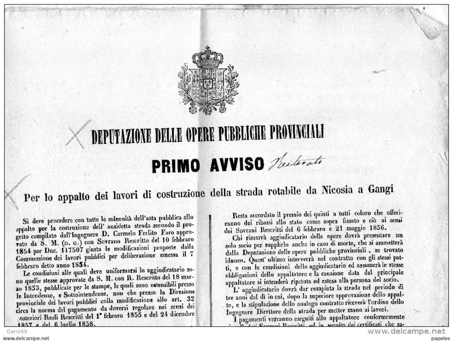 1859 CATANIA AVVISO PER LA COSTRUZIONE DELLA STRADA ROTABILE DA NICOSIA A  GANGI - Ferrocarril