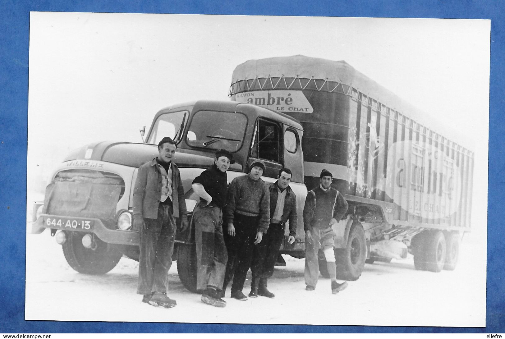 Photo ( Repro ) Ancien Camion Poids Lourds  Marque WILLEME -  équipe De Routiers / Chauffeur Savon Ambré Le Chat - Automobiles