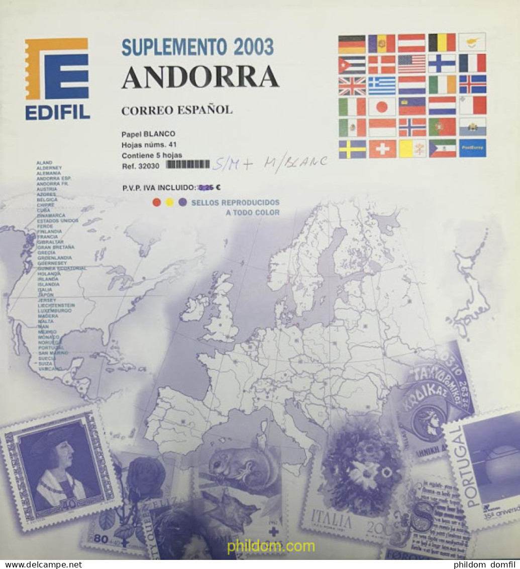 Hoja Suplemento Edifil ANDORRA ESPAÑOLA 2003 Montado Transparente (montadas) Hojas Núms 41 (5 Iguales ) - Fogli Prestampati