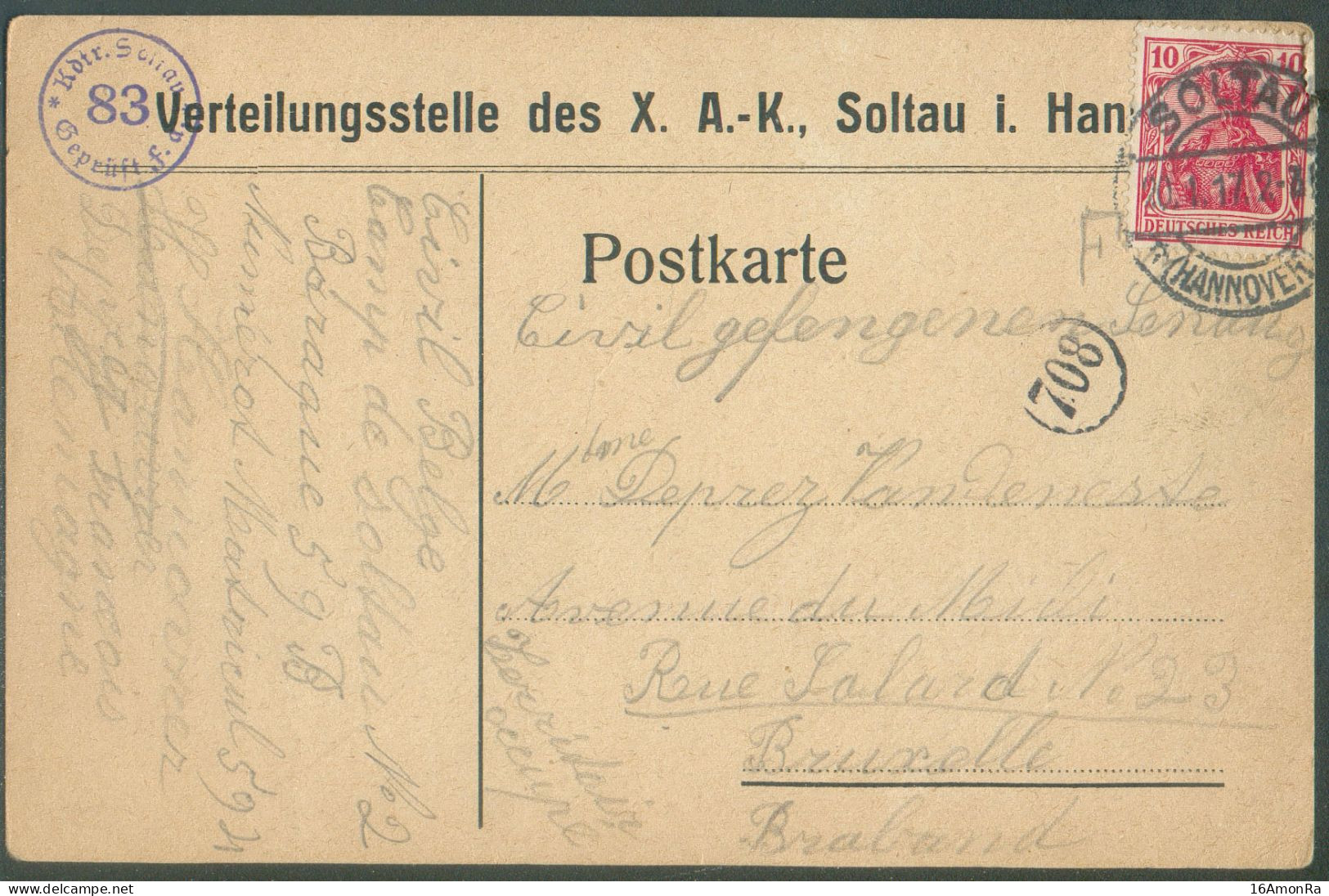 10pfg Germania Obl. Dc SOLTAU Sur Carte Verteilungsstelle Des X. A.-K. Soltau Du 20.1.17 Vers Bruxelles + Sc Violet 83/G - Prisonniers