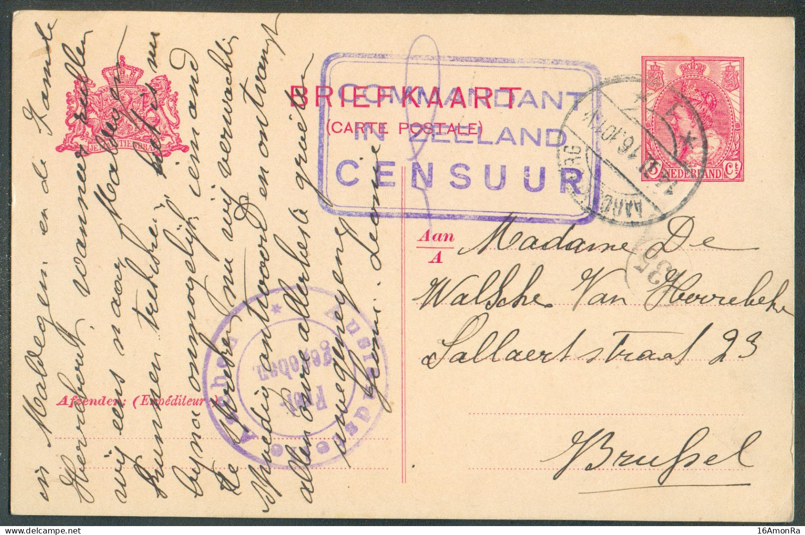 Pays-Bas E.P. Carte 5c. Obl. Dc AARDENBURG 14-II-1916 + Griffe COMMANDANT IN ZEELAND CENSSUR Vers Bruxelles + Censure Al - Altri & Non Classificati