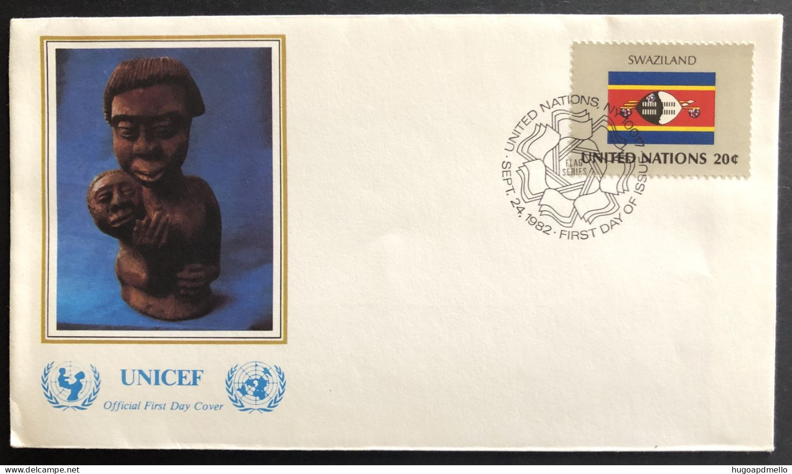 UNITED NATIONS,  FDC, UNICEF, « SWAZILAND », Flags, Sculpture, 1982 - UNICEF