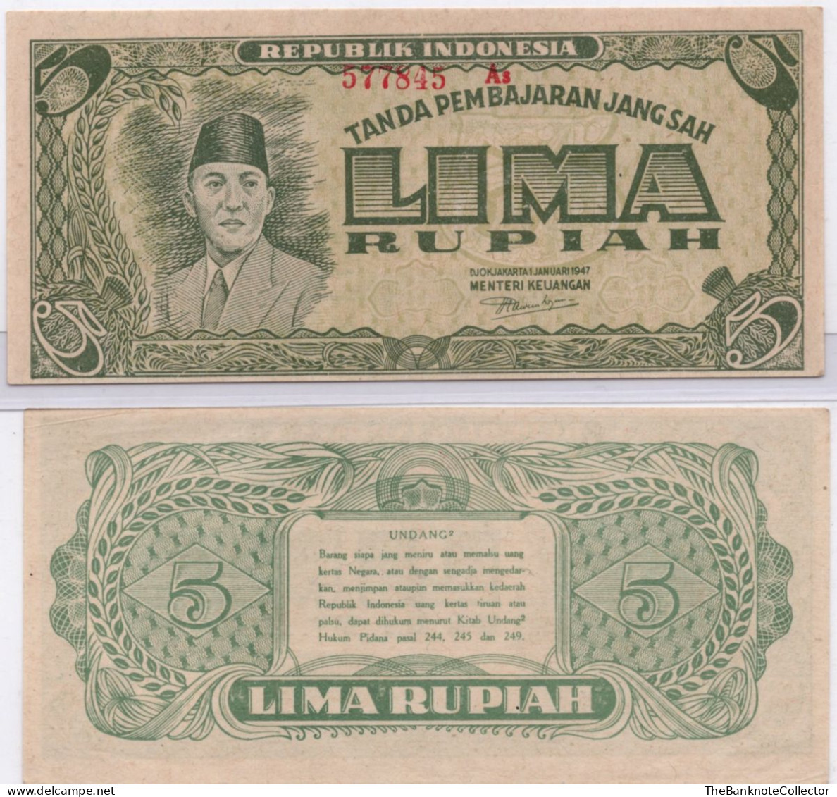 Indonesia  Lima 5 Rupiah 1947  P-21 AUNC Sukarno - Indonesien