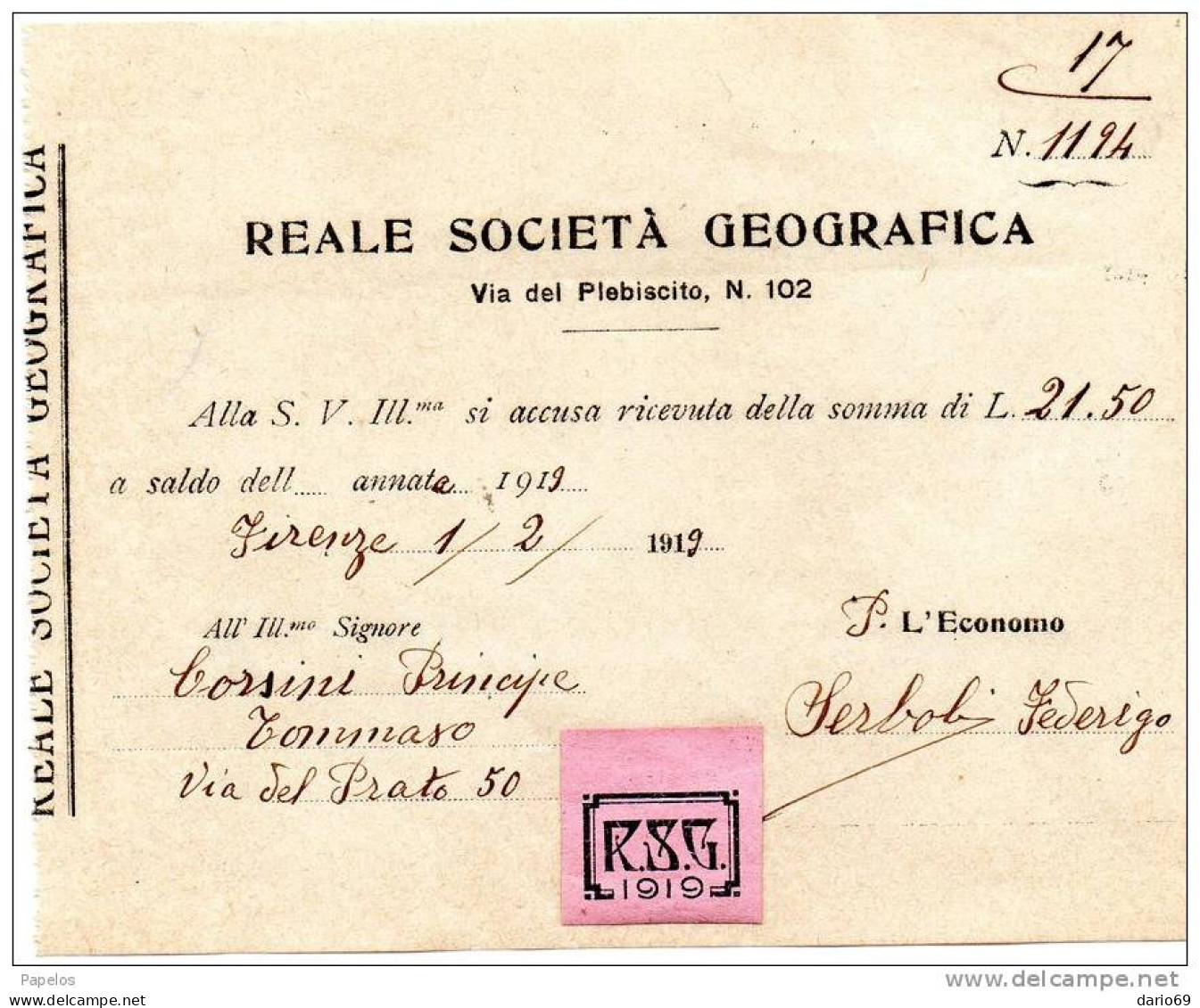 1919  FATTURA  REALE SOCIETÀ  GEOGRAFICA  FIRENZE - Italie
