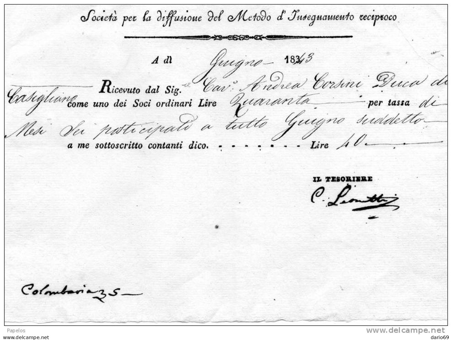 1843  FATTURA  SOCIETÀ PER LA DIFFUSIONE DEL METODO D'INSEGNAMENTO RECIPROCO  FIRENZE - Italie