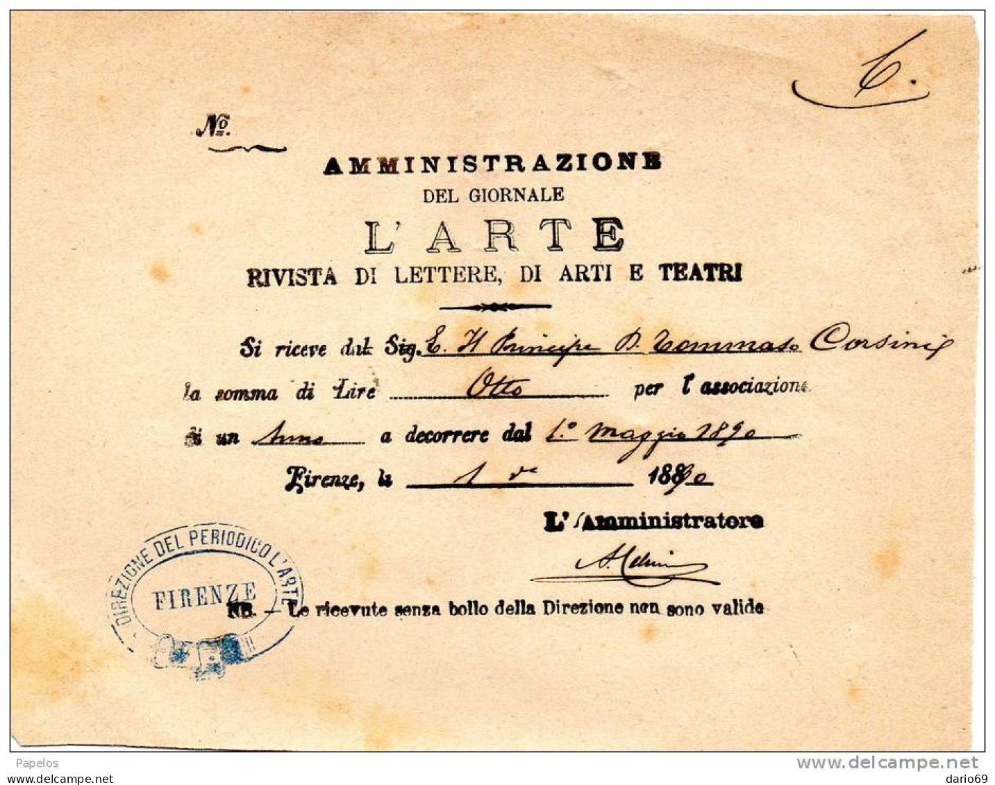 1890 Amministrazione Del Giornale L'arte Rivista Di Lettere, Di Arti E Teatri - Italie