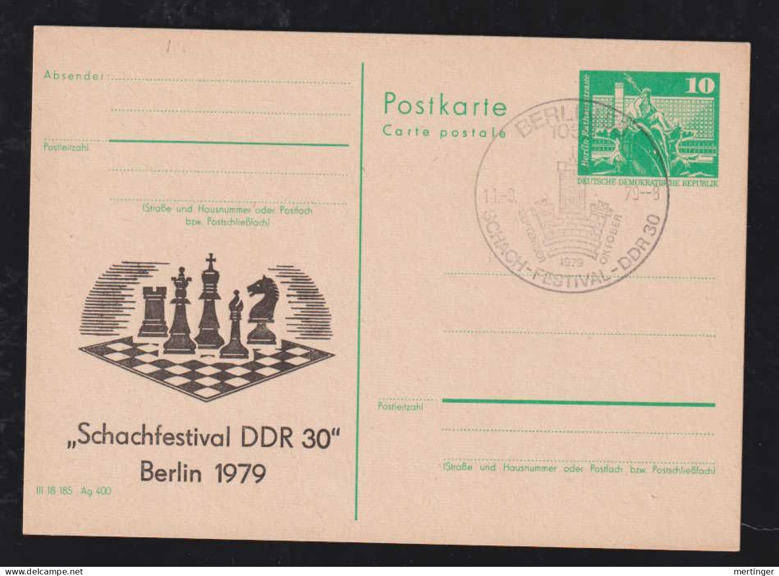 DDR 1977 Ganzsache 10Pf Zudruck Schach Chess Berlin - Chess