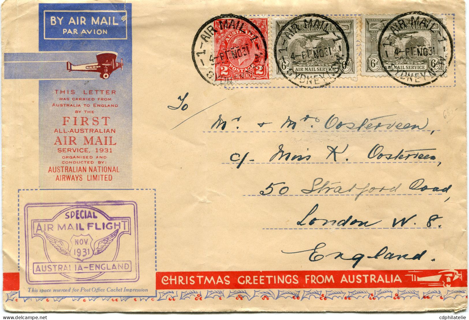 AUSTRALIE LETTRE PAR AVION AVEC CACHET ILLUSTRE "SPECIAL AIR MAIL FLIGHT NOV 1931 AUSTRALIA-ENGLAND" DEPART SYDNEY... - Lettres & Documents