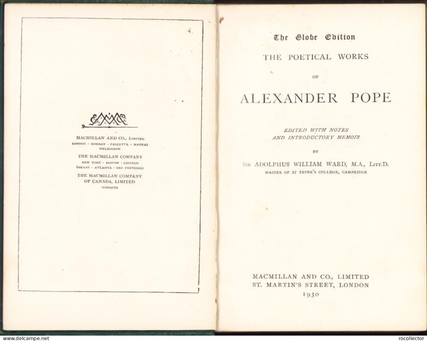 The Poetical Works Of Alexander Pope By Adolphus William Ward, 1930, London C1742 - Libros Antiguos Y De Colección