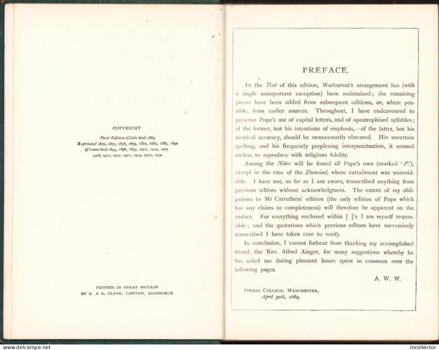 The Poetical Works Of Alexander Pope By Adolphus William Ward, 1930, London C1742 - Libros Antiguos Y De Colección