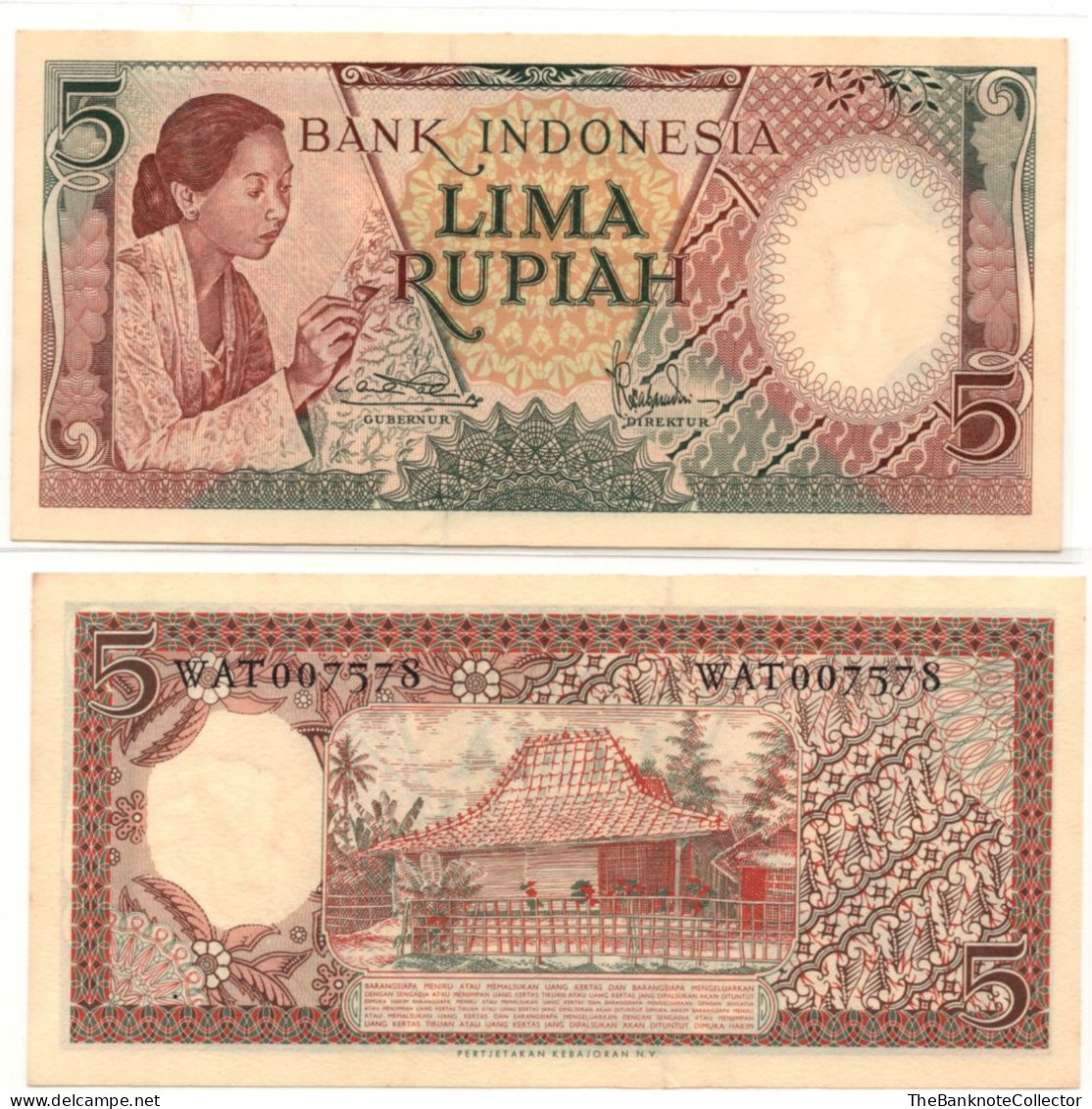 Indonesia 5 Rupiah 1958  P-55 AUNC Batik Worker - Indonesien