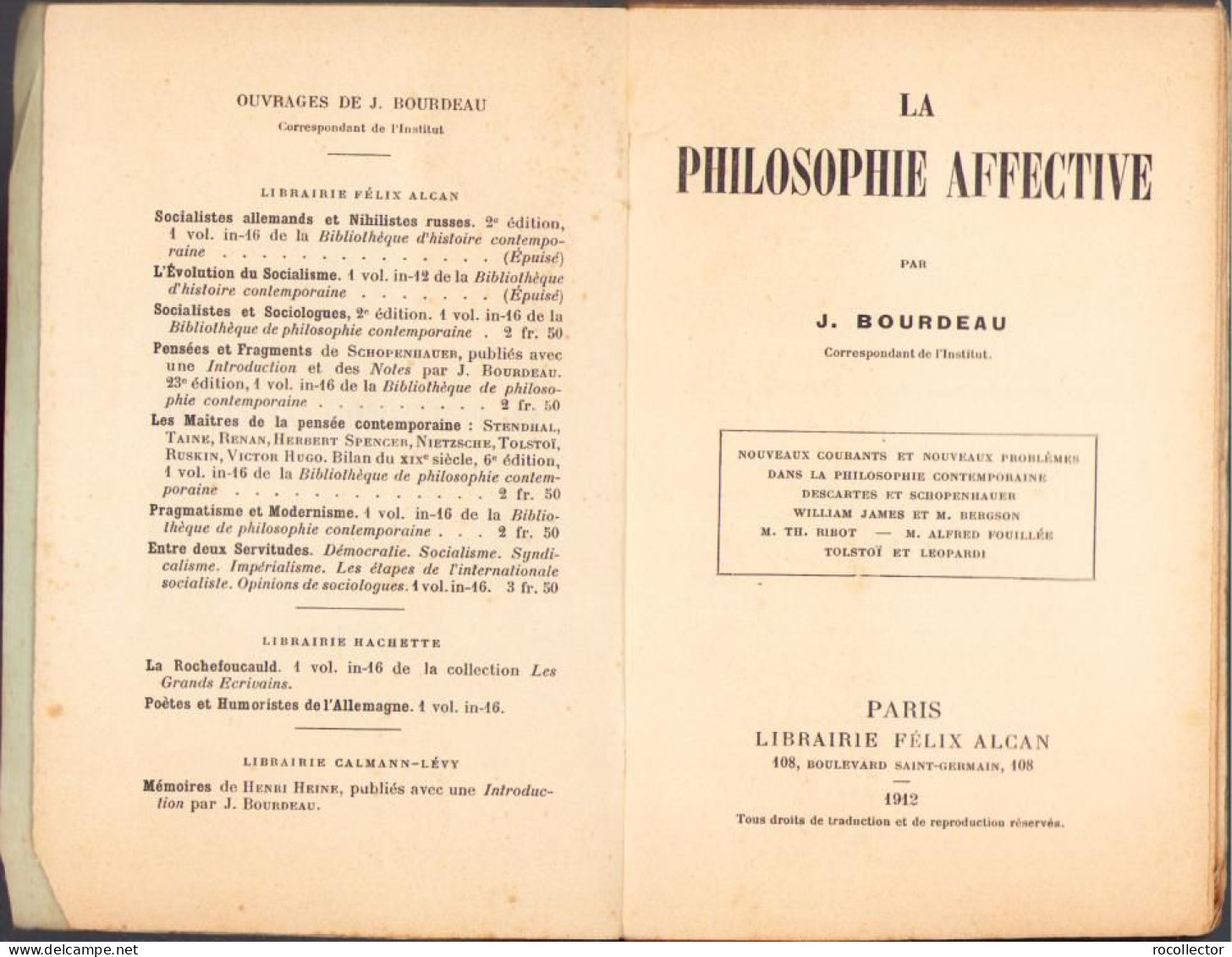 La Philosophie Affective Par J Bourdeau, 1912 C1698 - Libros Antiguos Y De Colección