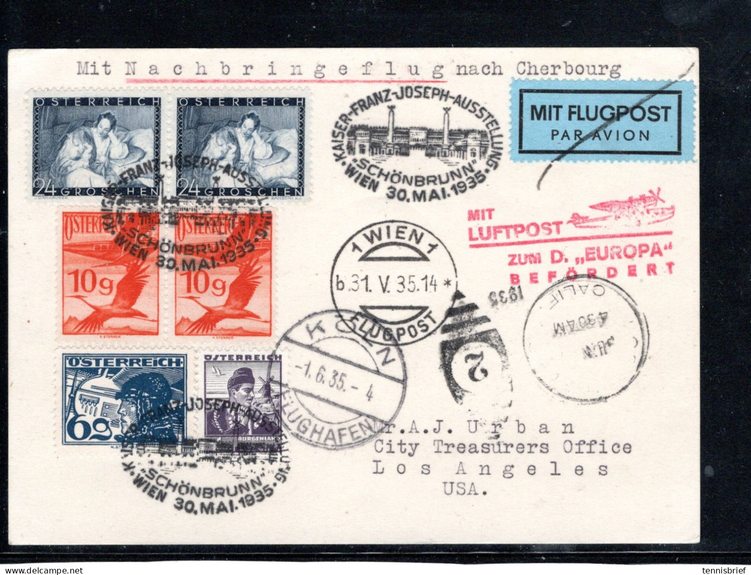 1935, 6 Werte,Katapultpost - Nachbringeflug  Nach USA ,rot " Mit Luftpost Z.D. "EUROPA " Bef.. #1440 - Briefe U. Dokumente