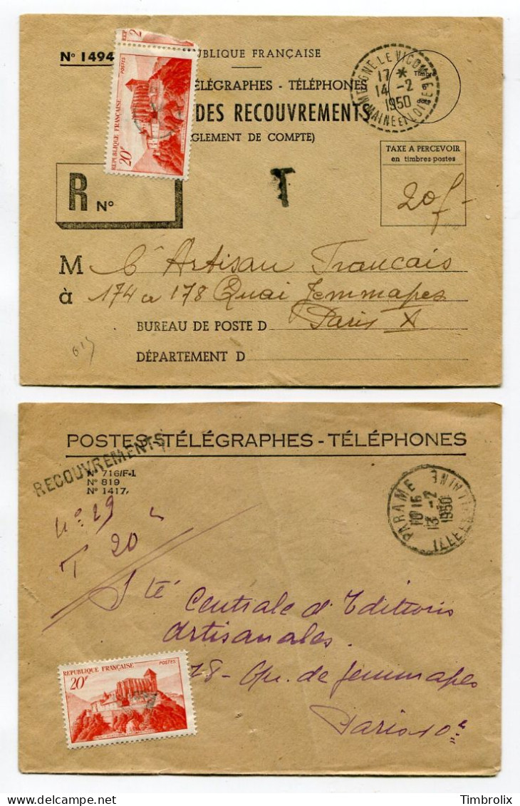 4 Lettres (dont 1 Devant) SERVICE DES RECOUVREMENTS - Taxe à  20 Frs. Timbre Y/T # 841A, ST-BERTRAND-de-COMMINGES. - Telegraph And Telephone