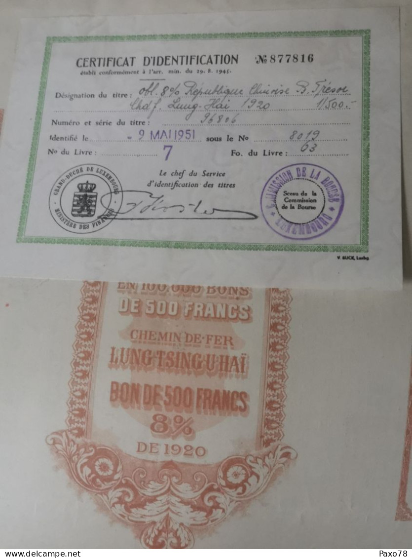 Action, Chemin De Fer Lung Tsing U Hai, République Chinoise Avec Certificat Luxembourgeois 1951. - Briefe U. Dokumente