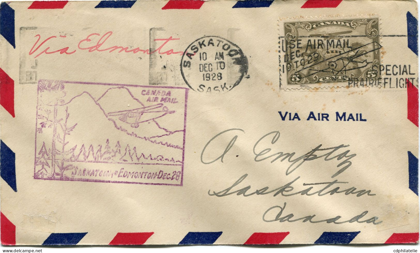 CANADA LETTRE PAR AVION AVEC CACHET ILLUSTRE "CANADA AIR MAIL SASKATOON EDMONTON DEC 28" DEPART SASKATOON DEC 10 1928... - Posta Aerea