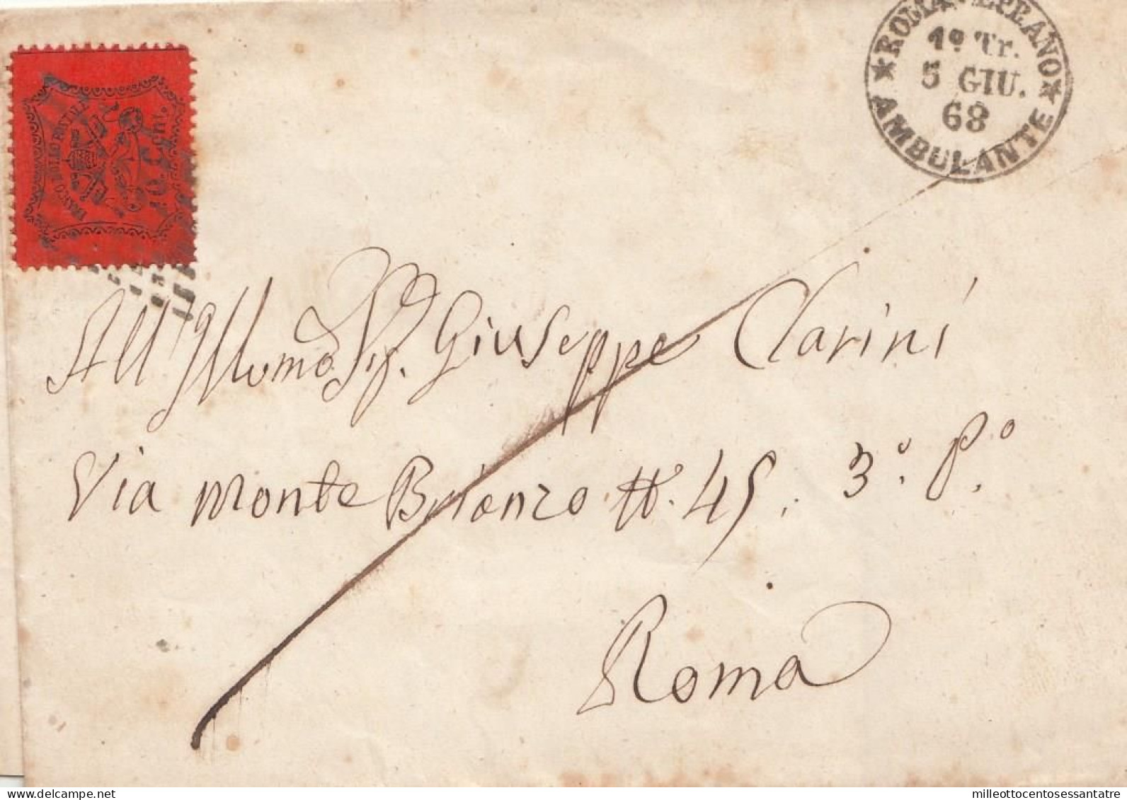 3005 - PONTIFICIO - Involucro - Franco -  Senza Testo Del 5 Giugno 1868 Per Roma Con Cent. 10  Arancio - Papal States