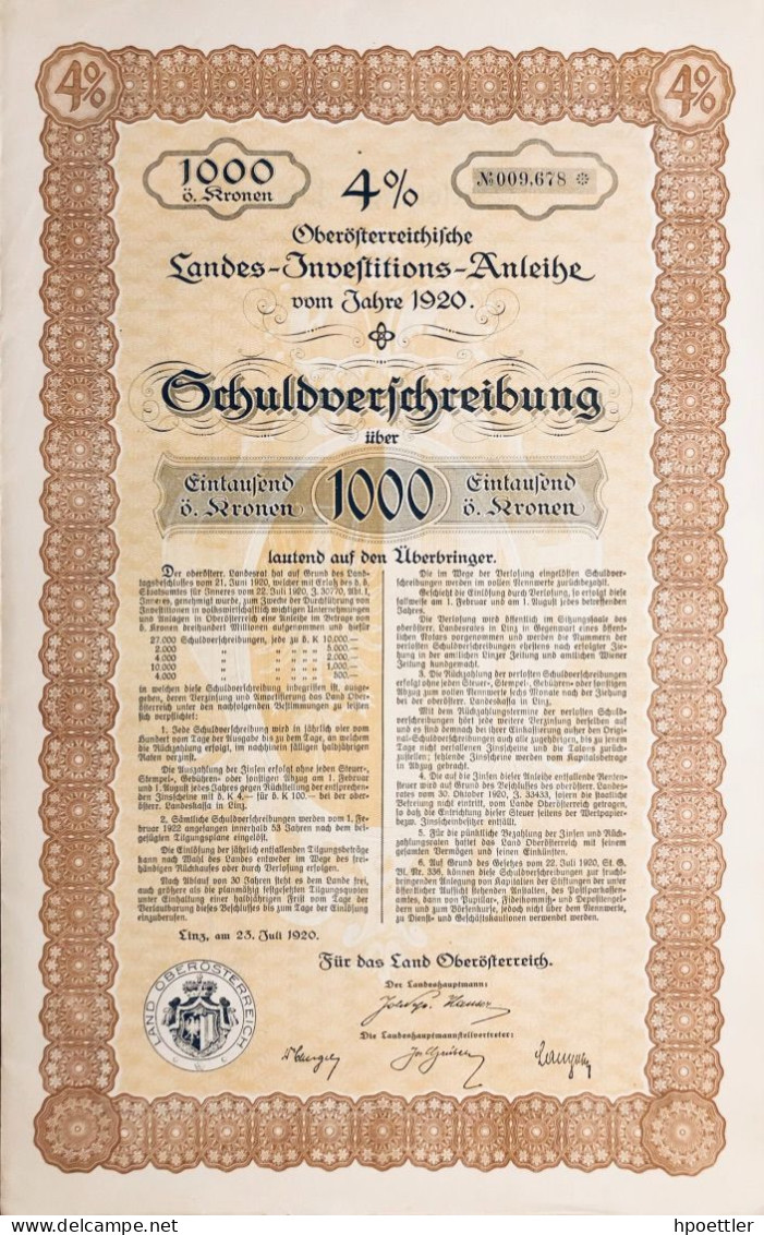 Austria - Linz 1920 - Oberösterreichische Landes-Investitions-Anleihe 1.000 Kronen - Bank & Versicherung