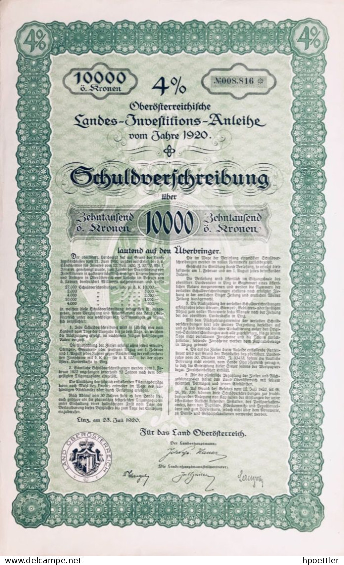 Austria - Linz 1920 - Oberösterreichische Landes-Investitions-Anleihe 10.000 Kronen - Banque & Assurance