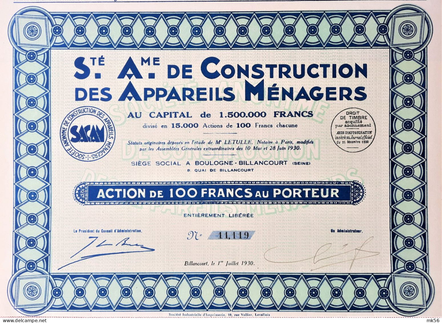 S.A. De Construction Des Appareils Ménagers - Action De 100 Francs - 1930 - Boulogne-Billancourt - Industry