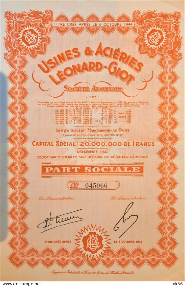 S.A. Usines Et Aciéries Léonard-Giot - Part Sociale (Marchienne-au-Pont) - Industrie