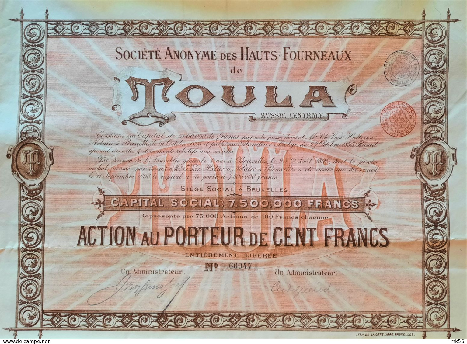 S.A. Des Haut-Fourneaux De TOULA  - Action Au Porteur De 100 Francs (1898 !!) - Rusia