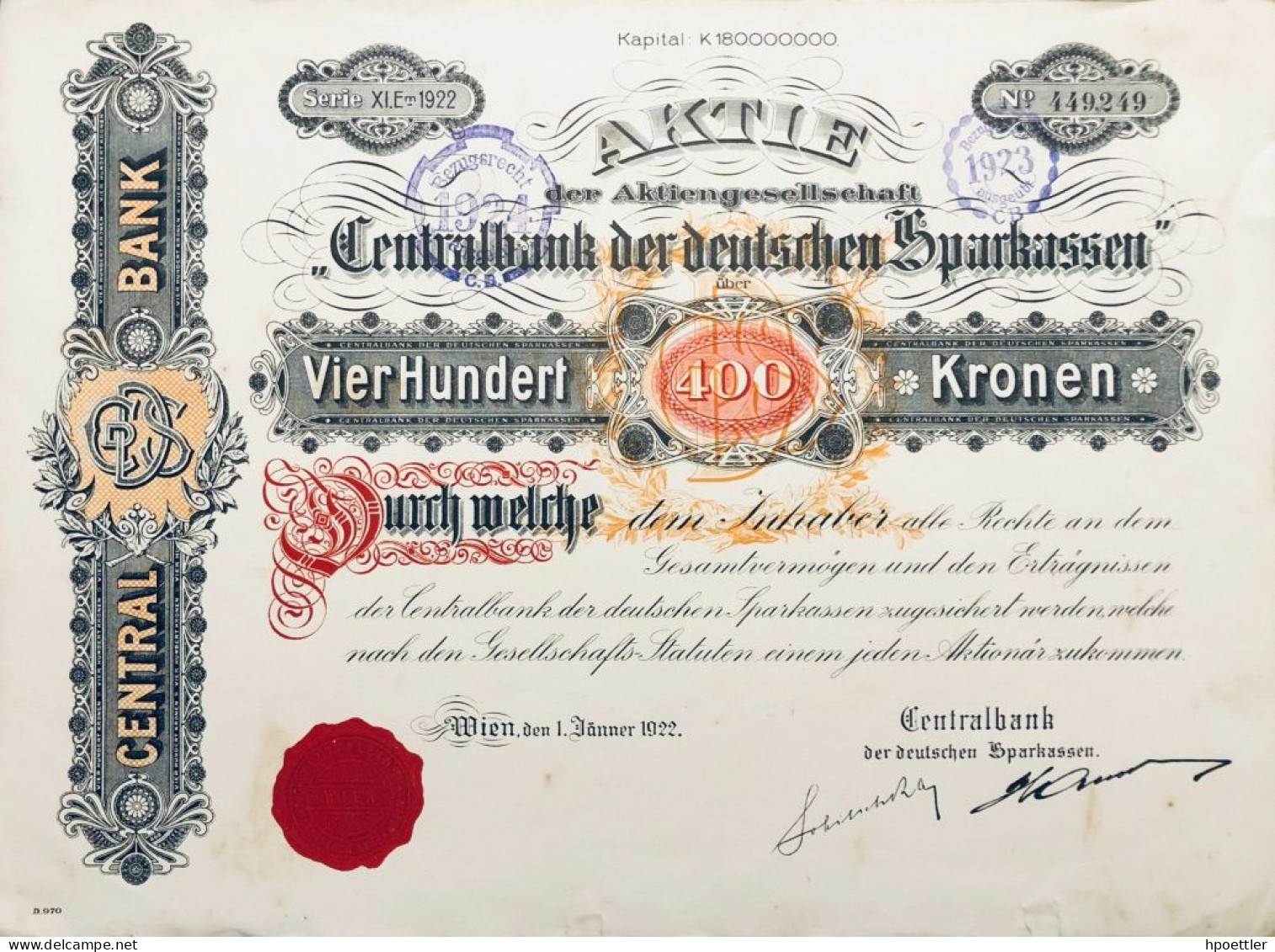 Deco - Austria - Vienne 1922: Aktie Der AG Centralbank Der Deutschen Sparkassen 400 Kronen - Banque & Assurance
