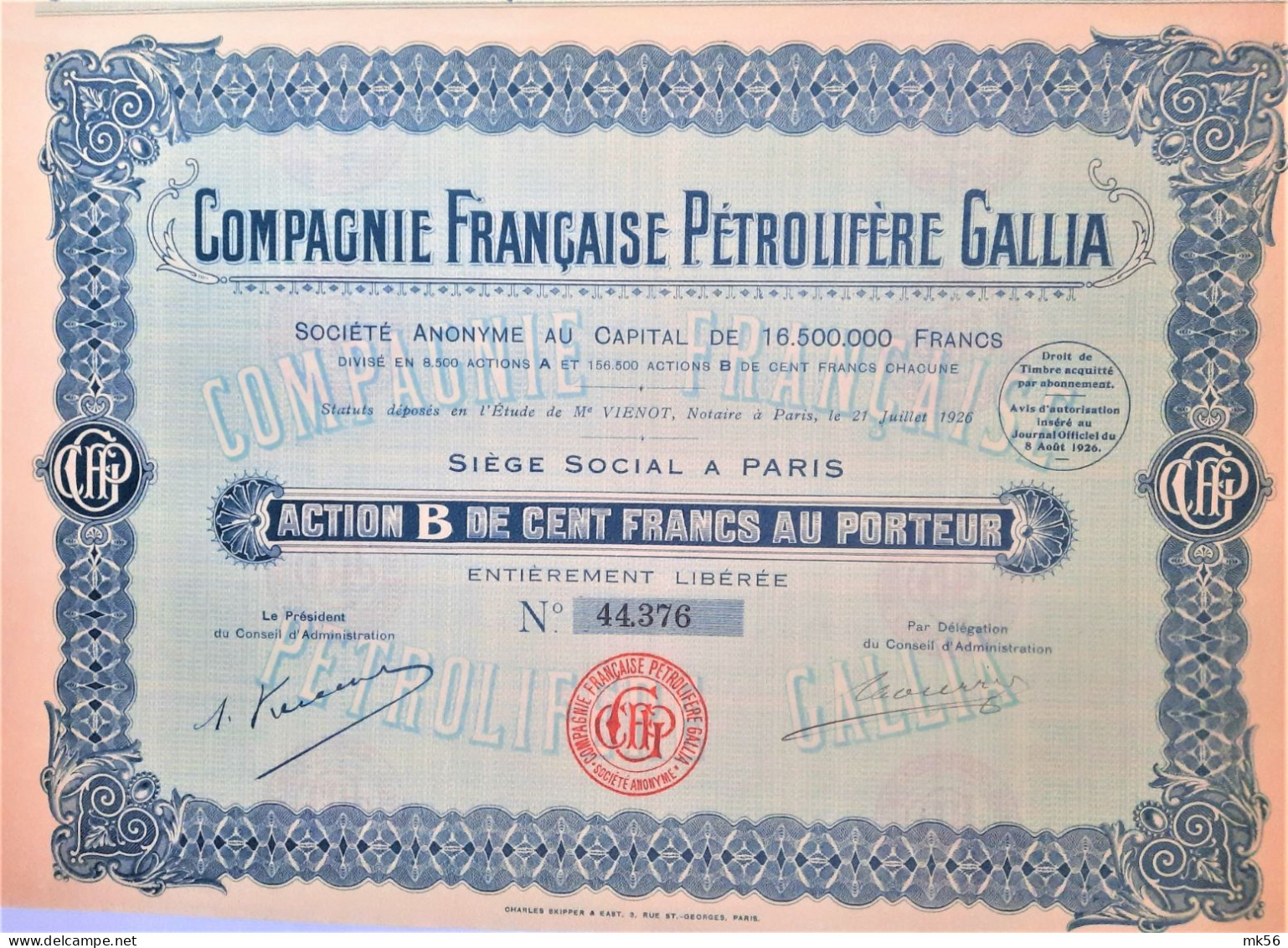 Compagnie Française Pétrolifère Gallia - 1926 - Paris - Action B De 100 Francs - Petróleo