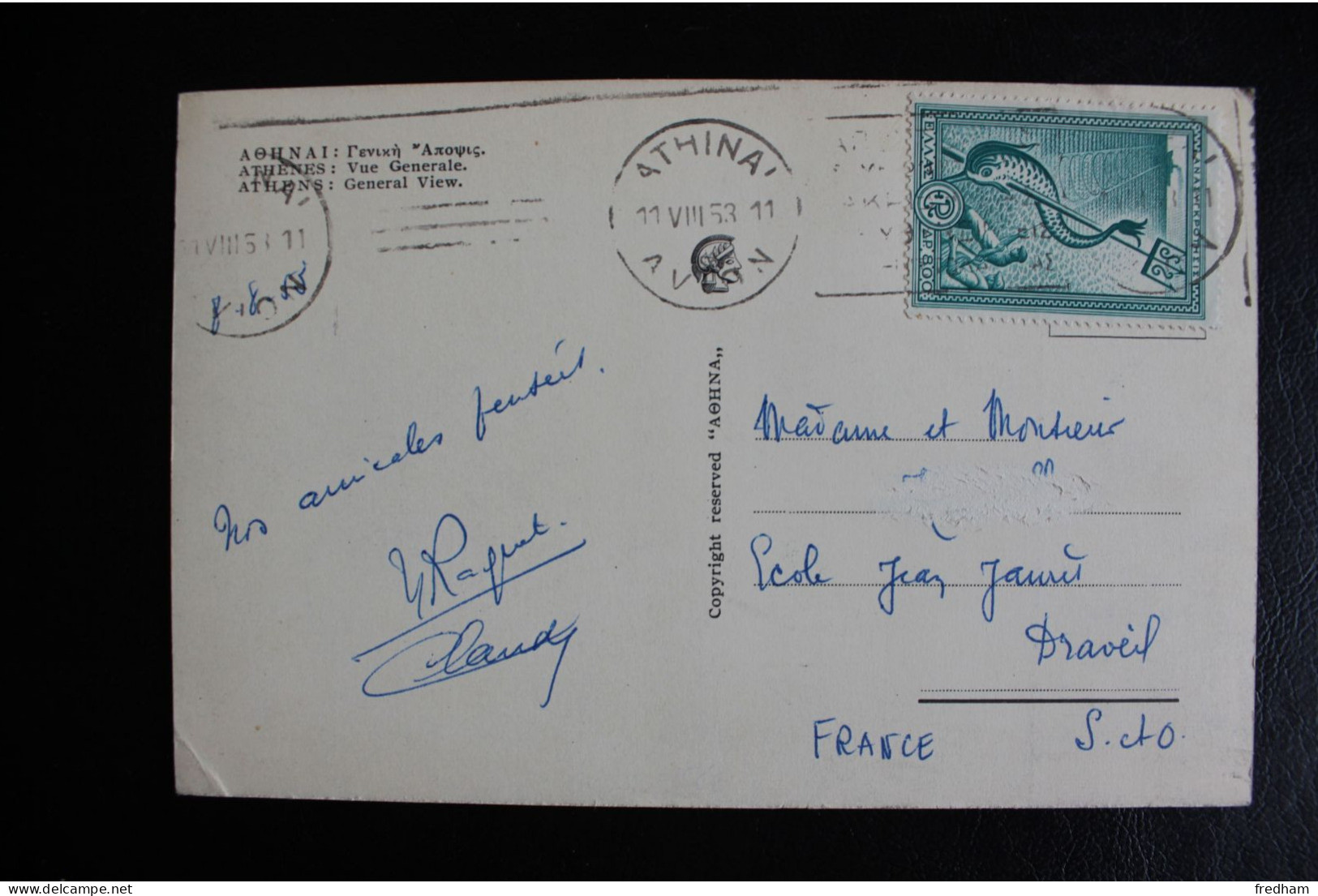 11 VIII 1953 FLAMME SS FIN ATHENES SUR Y&T GR 576 POUR DRAVEIL FRANCE - Covers & Documents
