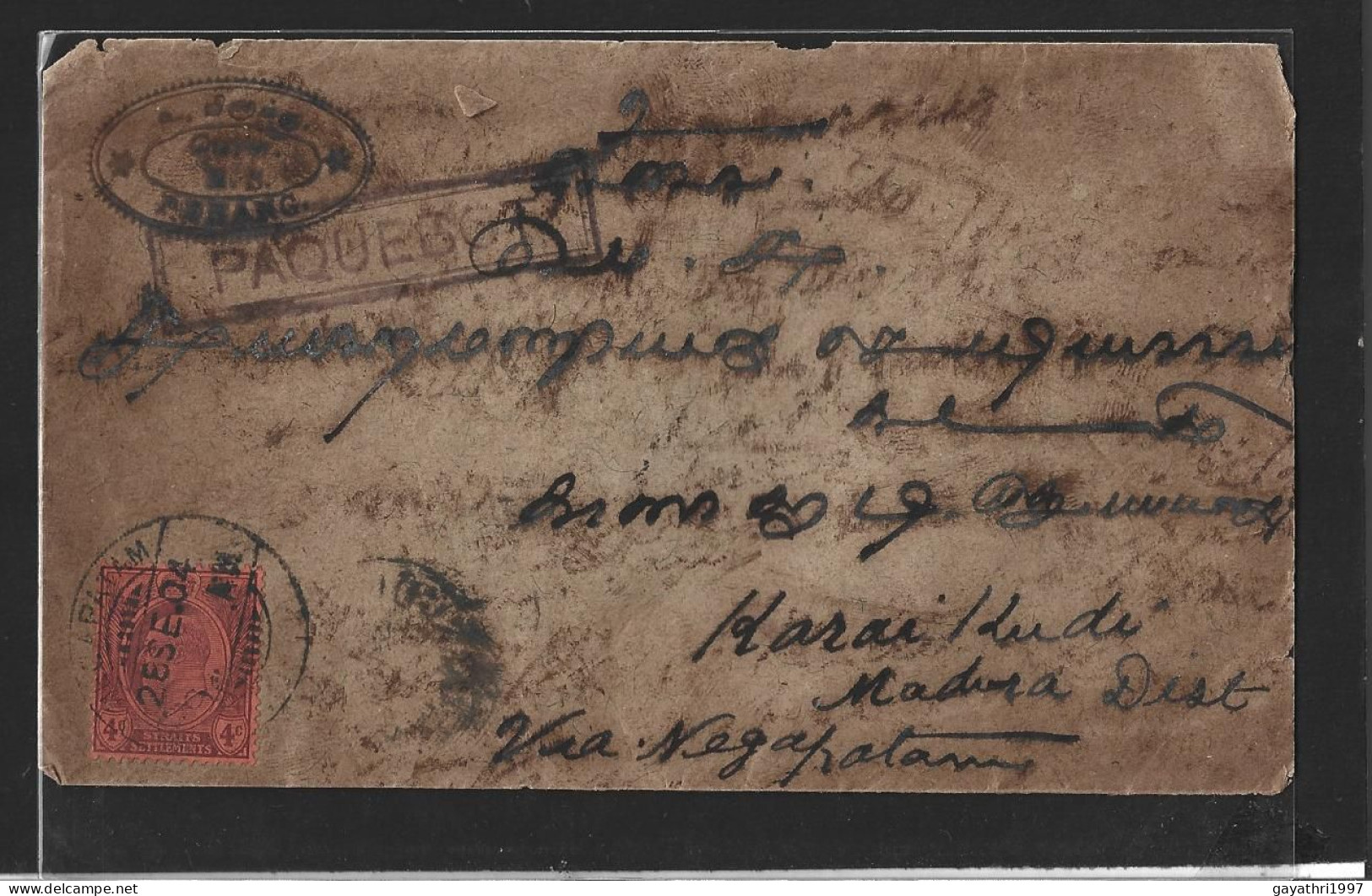 Straits Settlements Stamp On Cover With Paquebot Box Cancellation (C755) - Straits Settlements