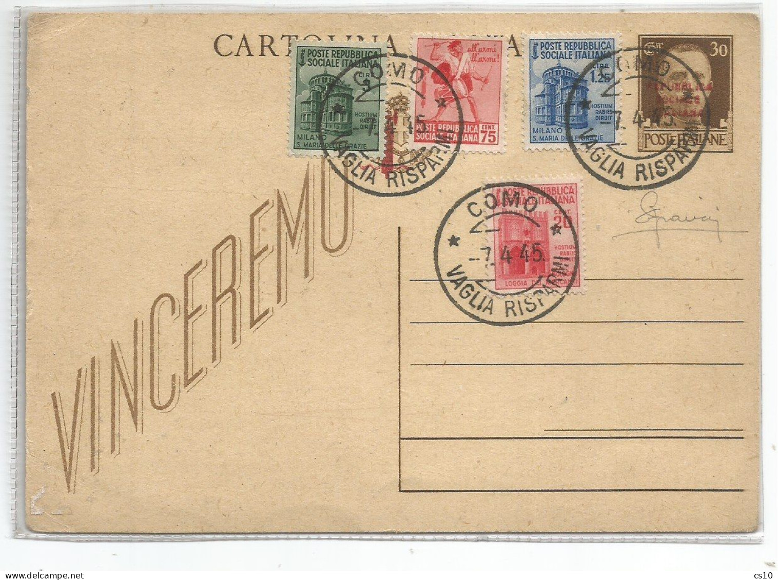 RSI CP #104 Fascetti Su C.30 Vinceremo + Monumenti Distrutti L3 + L1,25 + C75 +c20 Como 7apr1945 - Firmata Bianchi - Stamped Stationery