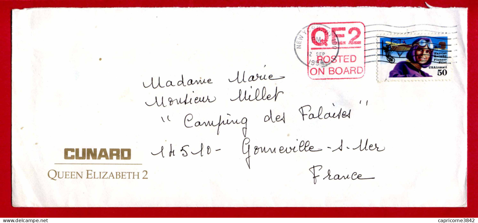 1994 - Etats Unis - Lettre Envoyée A Bord Du QUEN ELYSABETH 2 - Cachet Carré "QE2 POSTED ON BOARD" Escale New York - Marcophilie