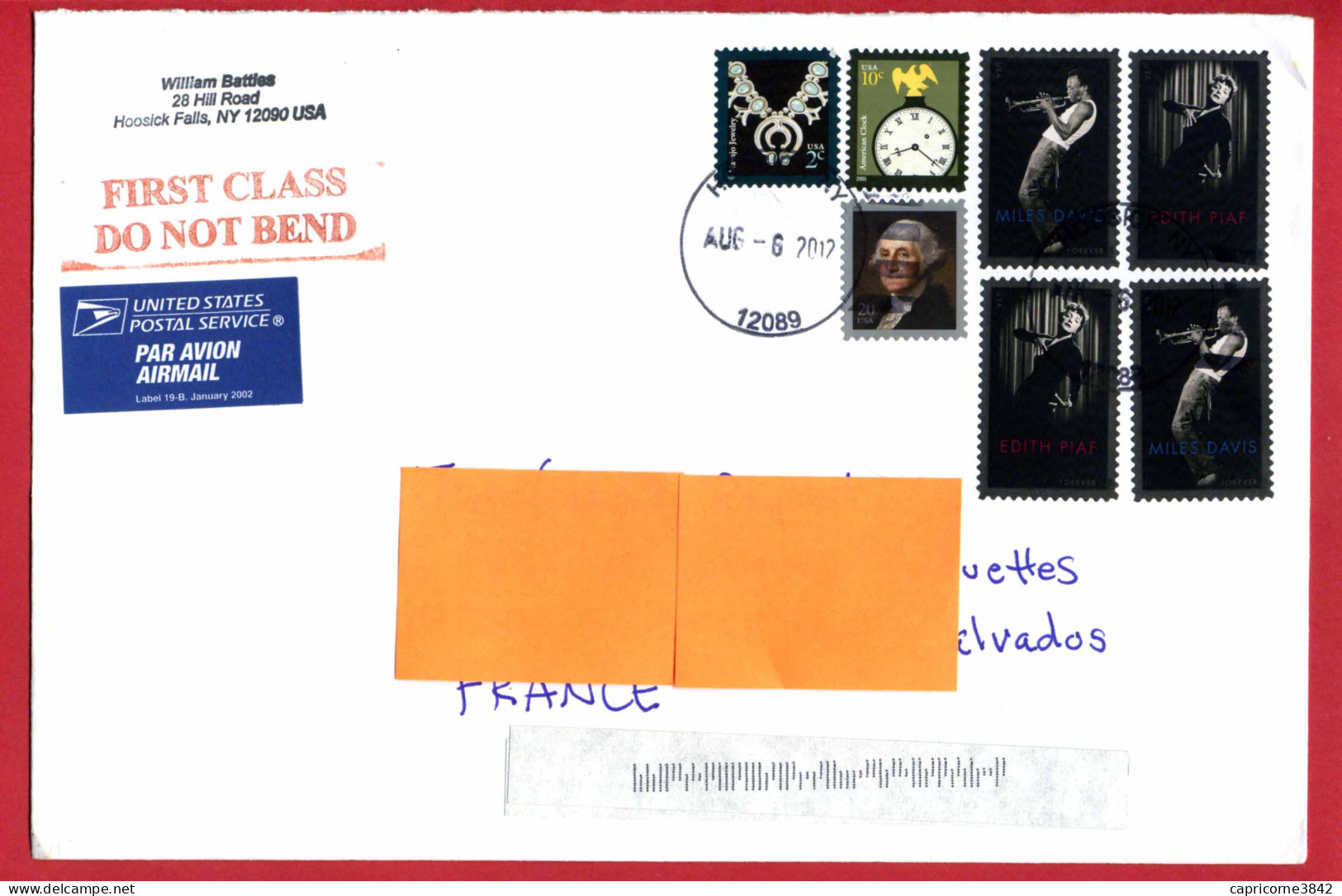 2012 - Etats Unis - Lettre Pour La France - Timbres  EDITH PIAF Et MILES DAVIES -  (Enveloppe 23 X 15cm) - Marcophilie