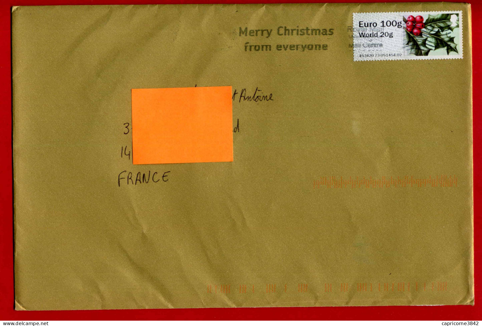 Grande Bretagne - Lettre Pour La France -  Euro 100g - World 20g HOLLY (Houx) - "Merry Christmas From Everyone" - Marcophilie