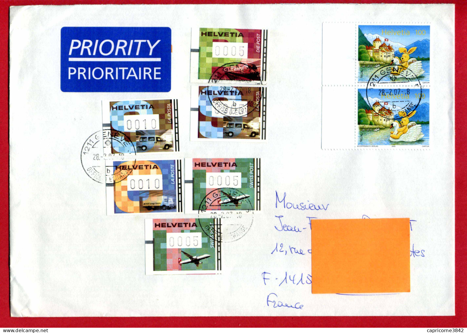 2007 - Suisse - Lettre Prioritaire Pour La France - 6 Vignettes De Distributeur N°16 à 19 + 2 X 1850 - Enveloppe 23 X 15 - Francobolli Da Distributore