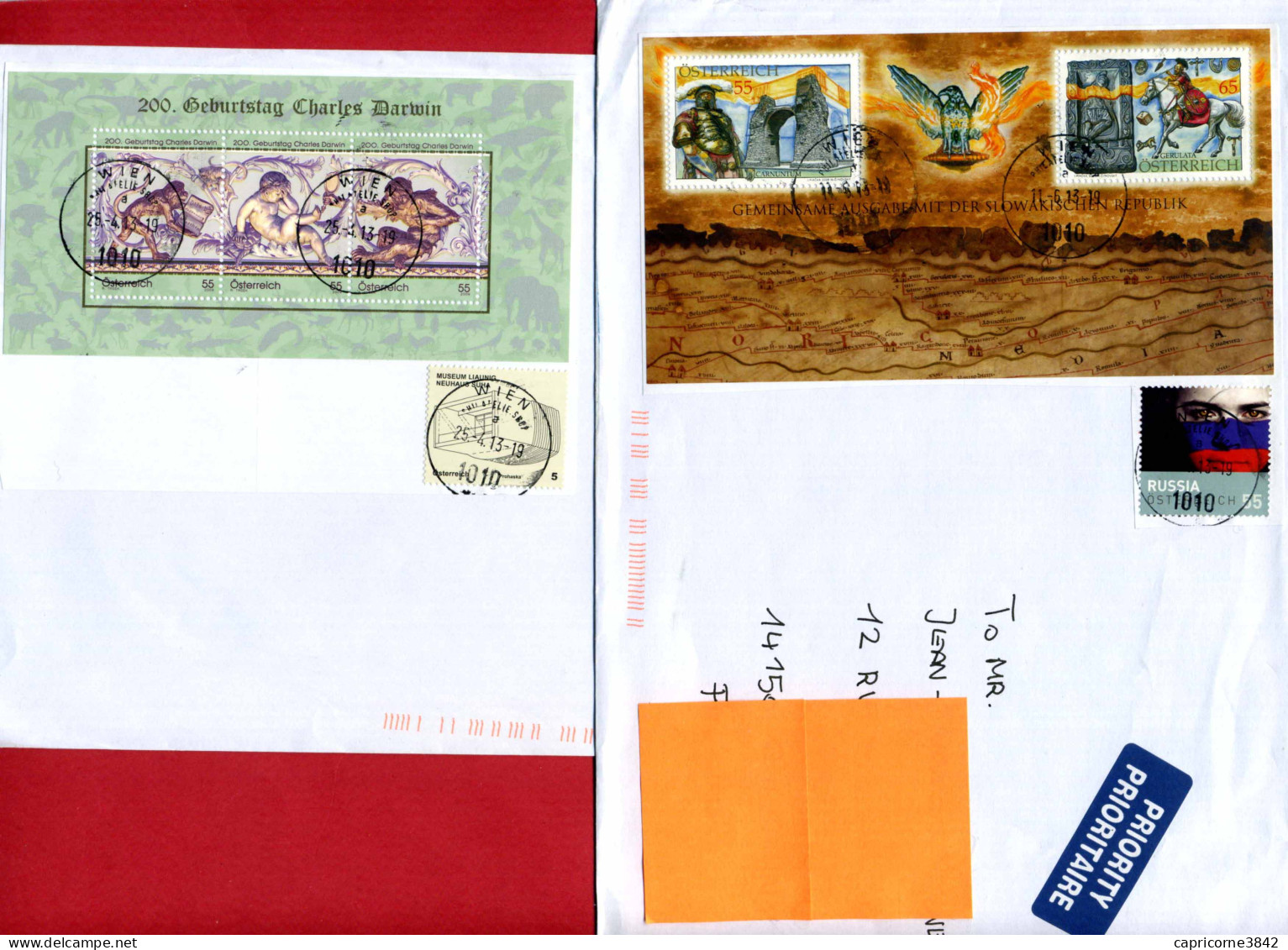  2013 - Autriche - 2 Lettres - Bloc CHARLES DARWIN Et SITE ARCHEOLOGIQUE ROMAIN - (Enveloppe 23 X 15cm) - Briefe U. Dokumente